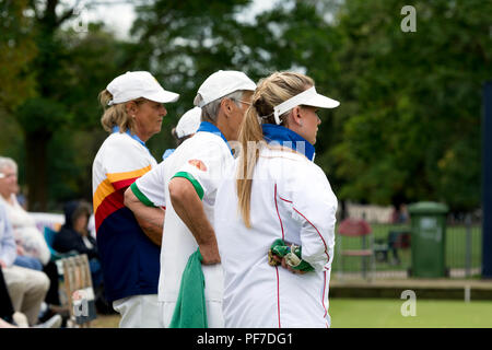 Players watching a delivery at the national women`s lawn bowls championships, Leamington Spa, UK Stock Photo